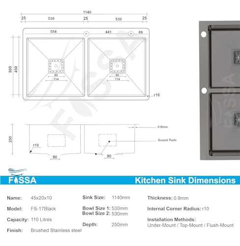 Image of Fossa 45 inchx20 inchx10 inch Double Bowl With Tap Hole Premium Stainless Steel Handmade Kitchen Sink Matte Finish FS-17Black