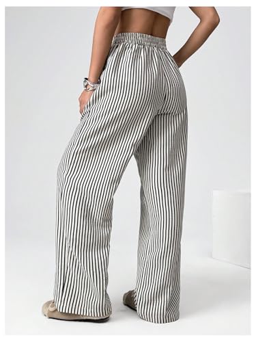 Women's Striped Wide Leg Pants Elastic Waist Letter Patched Long Trousers with Pockets2