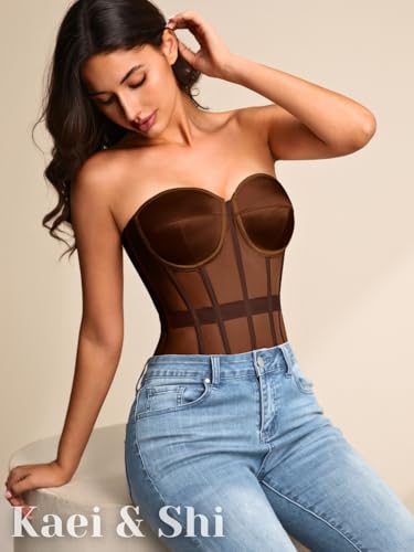 Image of Kaei&Shi Sheer Mesh Overbust Corset,Sexy Strapless Lace Up Satin Bra Corsets Top For Women Shapewear