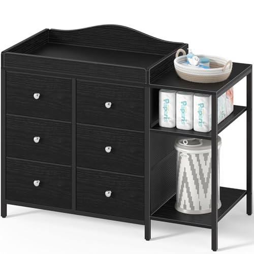 Image of BOLUO Baby Dresser with Changing Table Top, Black Changing Table Dresser with 6 Fabric Drawers Diaper Changing Station with Storage Shelf for Nursery Modern