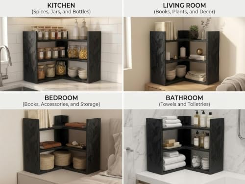 Image of Multipurpose 3 Tier L Shaped Wooden Storage Rack For Kitchen, Living Room and Utility Storage, Dark Elegance