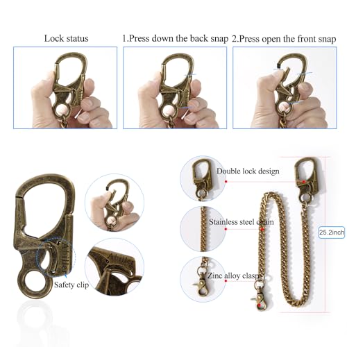 Ahiller Biker Wallet Chain, Heavy Duty Pocket Chain with Lockable Carabiner, Men Chains for Keys, Jeans, Pants, Purse and Handbag (QK-Brass-2PCS)
