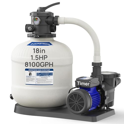 Image of AQUASTRONG 18in Sand Filter Pump with Timer, 220V, 1.5 HP, 8100 GPH Pool Pumps for Pools Up to 28000 GAL, Pool Sand Filter with 6-Way Valve