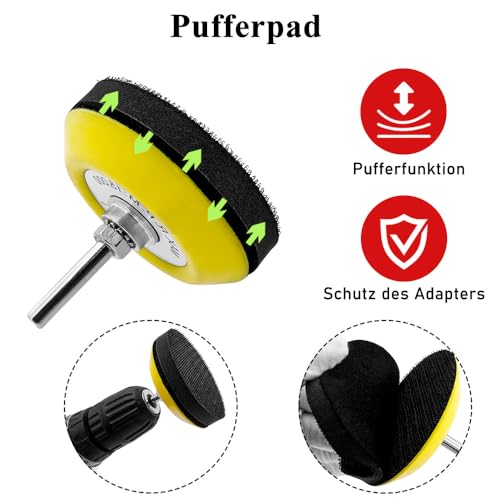 Treki 2 Stück 75 MM Polierpad Adapter mit Pufferpad Polierteller Adapter mit 6,35 MM Schaft, Schleifteller Adapter mit Klettverschluss Stützteller Adapter für Bohrmaschine Akkuschrauber Poliermaschine