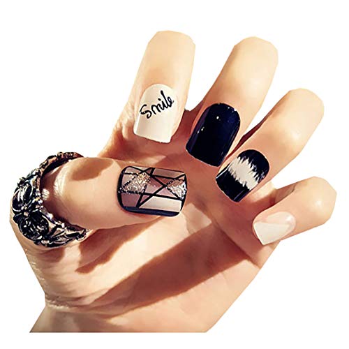 Fstrend False Nails Bling Black White Geometric Lines Sliver Sequins Acrylic Full Cover Fake Nails Fashion Party Clip on Nails for Women and Girls