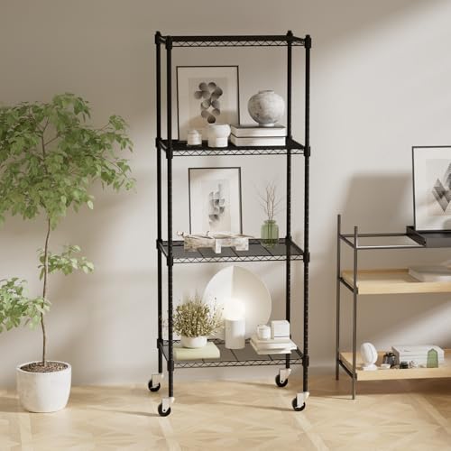 Image of 4 Tier Storage Shelves with Wheels, Heavy Duty Metal Garage Shelving Unit and Adjustable Feet, 865lb High Capacity Rolling Storage Shelf for Kitchen, Office, Dining Room (23.6 inchx 17.7 inchx 59 inch), Black