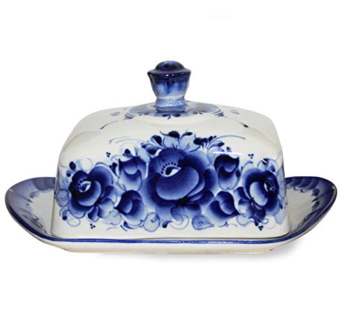 JSC GzhelKitchen Butter Dish Handmade Rectangular Butter Dish Blue & White Porcelain. Gzhel 7.8x 4.9x 3.5-inch Porcelain Butter Keeper