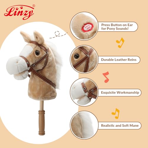 Image of Linzy Toys 35.5 inch Plush Stick Horse - Funny Hobby Horse with Pony Sound, Soft Realistic Mane & Durable Leather Reins, Pretend Play Riding Toy for Boys & Girls Ages 3+ (Light Brown)