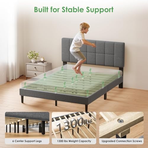 Image of Marsail Queen Size Bed Frame - Upholstered, Adjustable Headboard,6 inch-12 inch Mattress Fit, 1300 lbs Capacity, Sturdy 12-Leg Wood Construction, Easy Assembly, Dark Gray