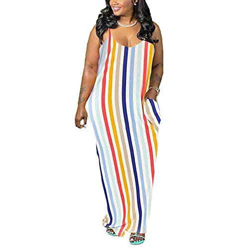 Image of BFFBABY Womens Summer Suspender Maxi Dress Plus Size Striped Printed Sleeveless with Pockets and Belt
