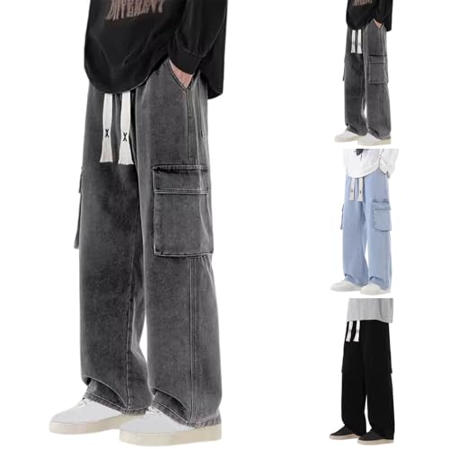 Mens Relaxed Fit Cargo Jeans Elastic Waist with Multi Pockets Straight Leg Work Casual Denim Pants for Workout Hiking