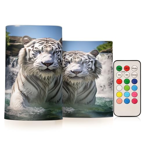ALAZA White Tiger Swimming in Water Flickering Flameless Candles Battery Operated with Remote Timer,Tea Light Candles LED Pillar Votive Candles Set of 2 for Outdoor Indoor Decorations