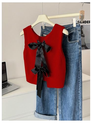 Image of GORGLITTER Women's Tie Back Cropped Sweater Vest Bow Sleeveless Knit Tank Tops Trendy Cute Cardigan Dressy Casual Outfits