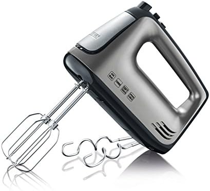 SEVERIN Handmixer, Handrührgerät mit 5 Geschwindigkeitsstufen, praktischer Handrührer mit 2 Edelstahl-Rührbesen und -Knethaken, 400 W, grau-metallic-schwarz / Edelstahl, HM 3832