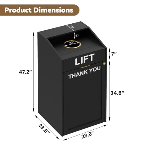 Image of 40 Gallon Commercial Trash Can Cabinet with Tray Holder, Wooden Trash Can Cabinet with Top Cup Slot, Heavy-Duty Restaurant Trash Can with Lift Up Door for Cafe Restaurant Office