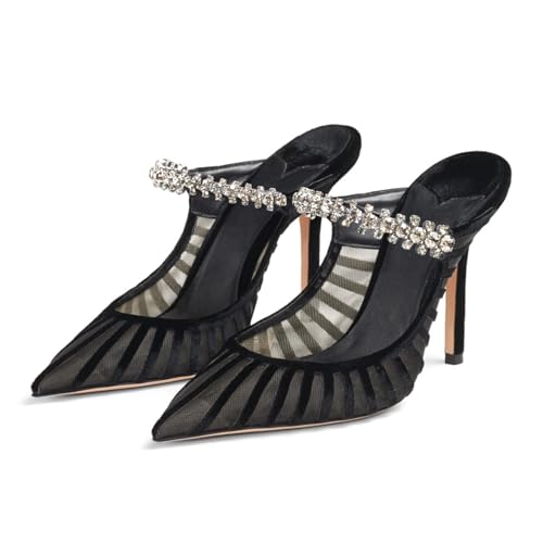 Vaslemuse Women Rhinestone Strap Heel Mules Bridal Pointy Toe Stiletto Heels Dress Pumps Slip On for Wedding Party3