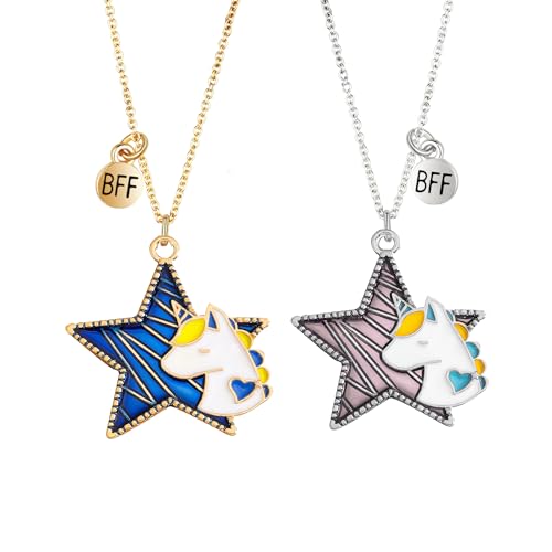 BFF Unicorn Necklace Set for Best Friends - 18K Gold & Silver Plated Matching Star Pendant Necklaces for 2 Women - 1.1 IN Charm Pendant Friendship Jewelry Gift (2Pcs)