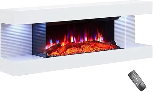 Balderia Camino Elettrico Lumina elettrico da parete con effetto fiamma 3D, riscaldamento 1000/2000 W, illuminazione a LED, camino con telecomando, timer, termostato, bianco