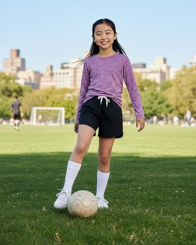Image of Real Essentials 4 Pack: Girls' Dry-Fit Long Sleeve Crew Neck T-Shirt - Athletic Activewear Soccer Top for Teens Kids Youth