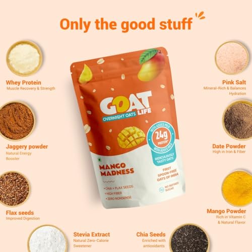 Image of GOAT Life Overnight Oats (75g) | 20g Protein | High Fibre | Nutrient-Rich | No Sugar | Supports Weight Management & Muscle Recovery | Instant Breakfast (Pack of 1, Mango Madness)