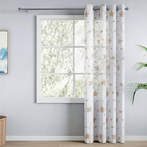 Image of haus & kinder Curtains 7 feet Long | Embroidery Sheer Curtains 7 Feet Long Pack of 1 | Door Curtains 7 feet Light-Filtering & Breathable Sheer Curtains (Shadow Bloom Beige, 114x213cm)