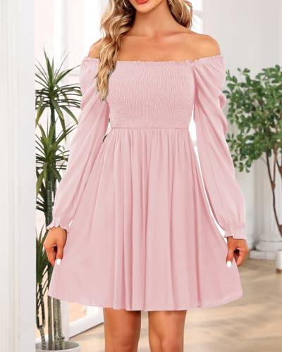 Image of Holipick Women's Casual Square Neck Smocked Dress Shirred Ruffle Puff Sleeve High Waist Cute Flowy A-Line Short Dress