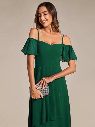 Image of Ever-Pretty Women's Summer Cold Shoulder Hi-Lo Asymmetrical Hem Flowy Chiffon Short Wedding Guest Dress 02103