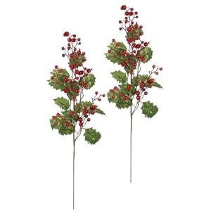Künstlicher Ilexzweig mit Beeren 2er Set 64cm Beerenzweig Deko Zweig Dekozweig groß AST Blumen Äste für Adventskränze Girlanden Bodenvase Weihnachtsdeko Floristik Kunstblume Kunstzweig, 64 cm