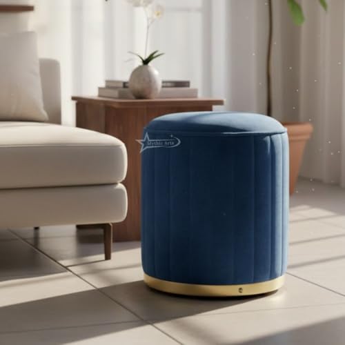 Image of Upholstered Round Linen Strip Stool Living Room Foot Rest Office Stool Pouf Ottoman Padded Seat - Blue