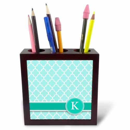 3dRose Personalized letter K aqua blue quatrefoil pattern Teal turquoise mint monogrammed personal initial 5 inch tile pen holder