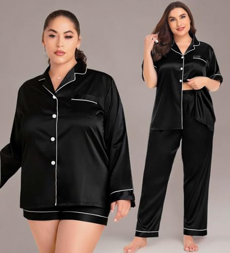 Image of SWOMOG Women Plus Size Pajama Set 4pcs Silk Satin Sleepwear Button Down Pjs Cami Shorts Set Loose Loungewear 16W-26W