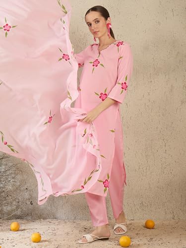 Image of INDO ERA Women's Pure Cotton Floral Printed Thread Work Kurta & Pant with Dupatta Set | Cotton Kurta Set For Woman