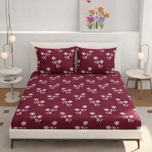 Image of Elastic Fitted King Size Bedsheet Cotton for Double Bed | 72 inchx78 inch +10 Inch, Floral, Soft & Breathable, Fade & Shrink Resistant, 2 Pillow Covers | Ruby Blossom Trail, Wine Maroon