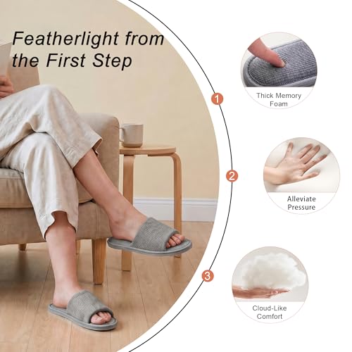 Image of Women's Open Toe House Slippers - Breathable Waffle Fabric, Memory Foam Cushioning, Slip-On Summer Indoor Slippers, Non-Slip TPR Sole, Easy Care