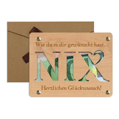 Nix Geschenk Geldgeschenk Aus Holz Für Geburtstag Jubiläum Originelle Geldverpackung Lustige Für Männer Frauen Wunscherfüller Hölzernes Schild Inklusive Umschlag13x10cm Nix Geschenk Zum Geburtstag