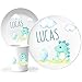 JUNALOO 3-teiliges Kindergeschirr Set mit Namen Taufgeschenk für Jungen Personalisiert - Dinosaurier Kinderteller Dino Teller Set Geschenk zur Geburt