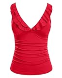 Yonique Women's Tankini Top Only Tummy Control Bathing Suit Top Ruffle Swimsuit Top V Neck Swim Tank Top No Bottom Red L