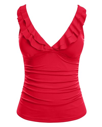 Image of Ruffle V Neck Tankini Top Only Women Tummy Control Swimsuit Tank Top | Removable cups for custom bust lift, Blend soft spandex to stretch easily