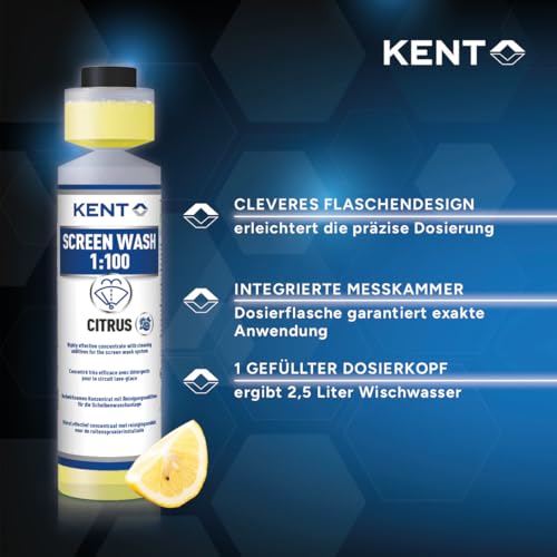 KENT Screen Wash 1:100 Citrus – Hochwirksames Konzentrat mit Reinigungsadditiven für die Scheibenwaschanlage – Scheibenklar mit Zitrusduft – geeignet für Kunststoffscheinwerfer & Fächerdüsen