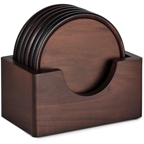 Wood Coasters with Holder, GOH DODD Set of 6 Walnut Wooden Coaster Tabletop Protection for Drinks Coffee Table Home Kitchen Office Bar Living Room Decor Housewarming Gifts Wedding Party