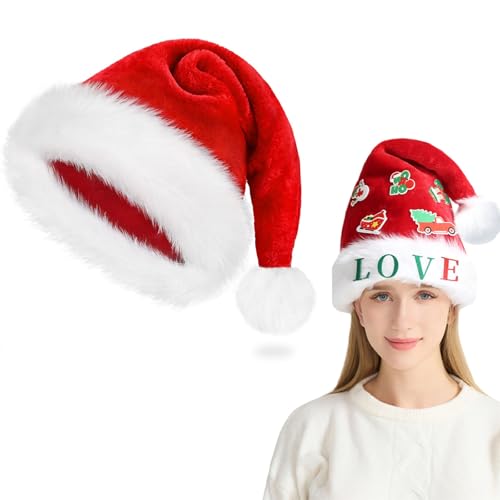 Weihnachtsmütze, DIY-Weihnachtsmützen Erwachsene, Samt Nikolausmütze Erwachsene Unisex mit Buchstaben+5 Weihnachtsaufkleber (zufällig), Weihnachtsmann mütze Kinder für Weihnachten Partys Feiertage