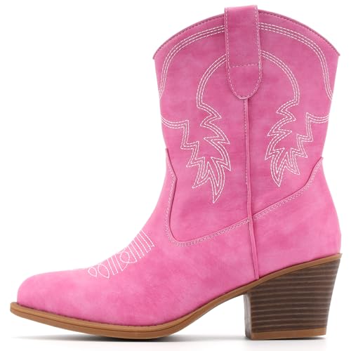 Image of IXU Cowboy Boots for Women Ankle Cowgirl Booties Wide Mid Calf Pointed Toe Western Boots Short Chunky Classic Booties