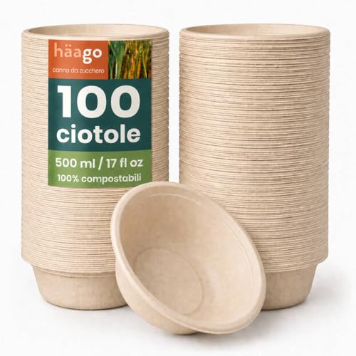 HAAGO 100 Ciotole in Canna da Zucchero 500 ml / 17 oz – Compostabili Monouso, Robuste e Resistenti a Grasso e Perdite, Usa e Getta per Feste, Zuppe, Insalate e Dessert