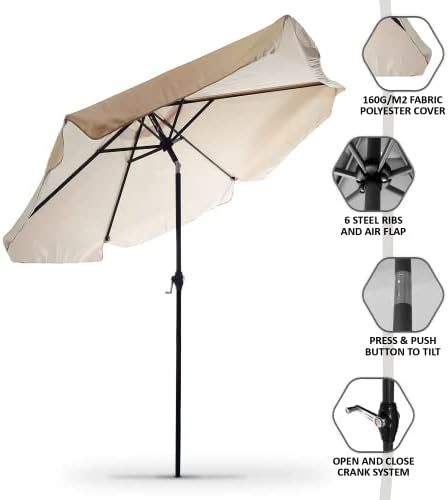 Janoon 2.2M Aluminium 6 Ribs Round Parasol Beach Home Umbrella Tilting, Crank & Flap, Outdoor Patio Beach Sun Shade By CRYSTALS® (Beige)
