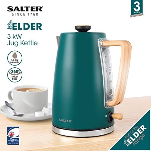 Salter EK5039TL Elder Jug Kettle, 360° Swivel Base, Left-Handed Kettle, Limescale Filter, Strix Controller, Auto Shut-Off, Boil-Dry Sensor, Water Window, Rapid Boil, 3 KW, 1.7 L, Teal, Wood