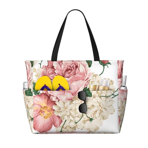 Sac à bandoulière blanc floral vintage : grand sac de plage spacieux