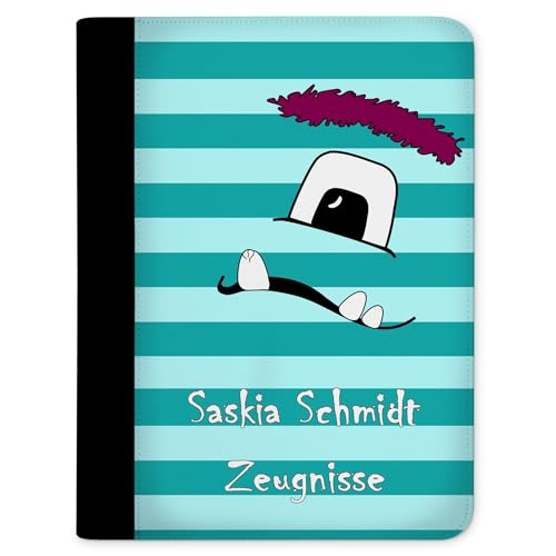CreaDesign Zeugnismappe A4 mit Namen personalisiert für Kinder – Monster Streifen Türkis – Dokumentenmappe Schule ohne Klarsichthüllen
