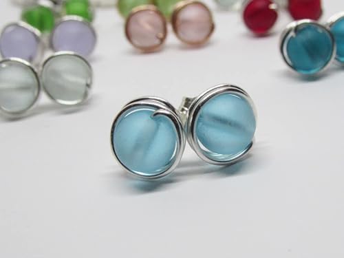 Tiny Wire-Wrapped Sea Glass Stud Earrings- 9 Colors- Sterling Silver / 14K Gold Filled Posts- Beach Lover Gift Jewelry #TOP1
