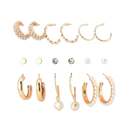 6 Pair Gold Hoop Earrings Set for Women Twisted Hoop Earrings Chunky Gold Hoop Earring Pearl Hoop Earrings for Women Girls Hypoallergenic Twist Earring Tiny Twist Earrings