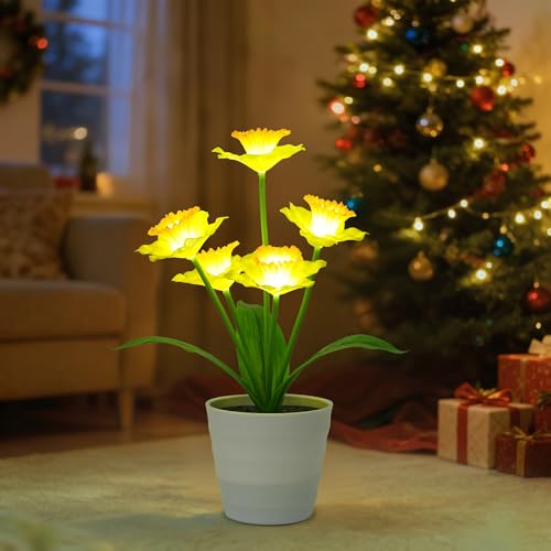 Image of Artificial Yellow Daffodil Flower Lamp Night Light for Bedroom Bar Coffee Shop Wedding Decor, Gifts for Women Mom Daughter Grandma Girlfriend Coworker Friend Birthday Christmas Valentines Mothers Day